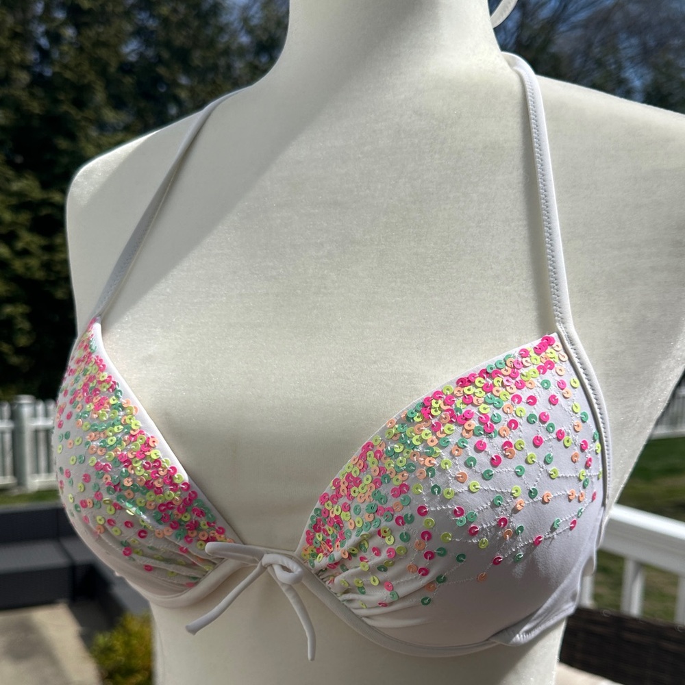 Vintage Victoria's Secret White Sequin Halter Bikini Top - Picture 2 of 7